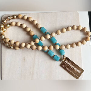 Boho Aquamarine, Wood & Gold Tone Long Necklace